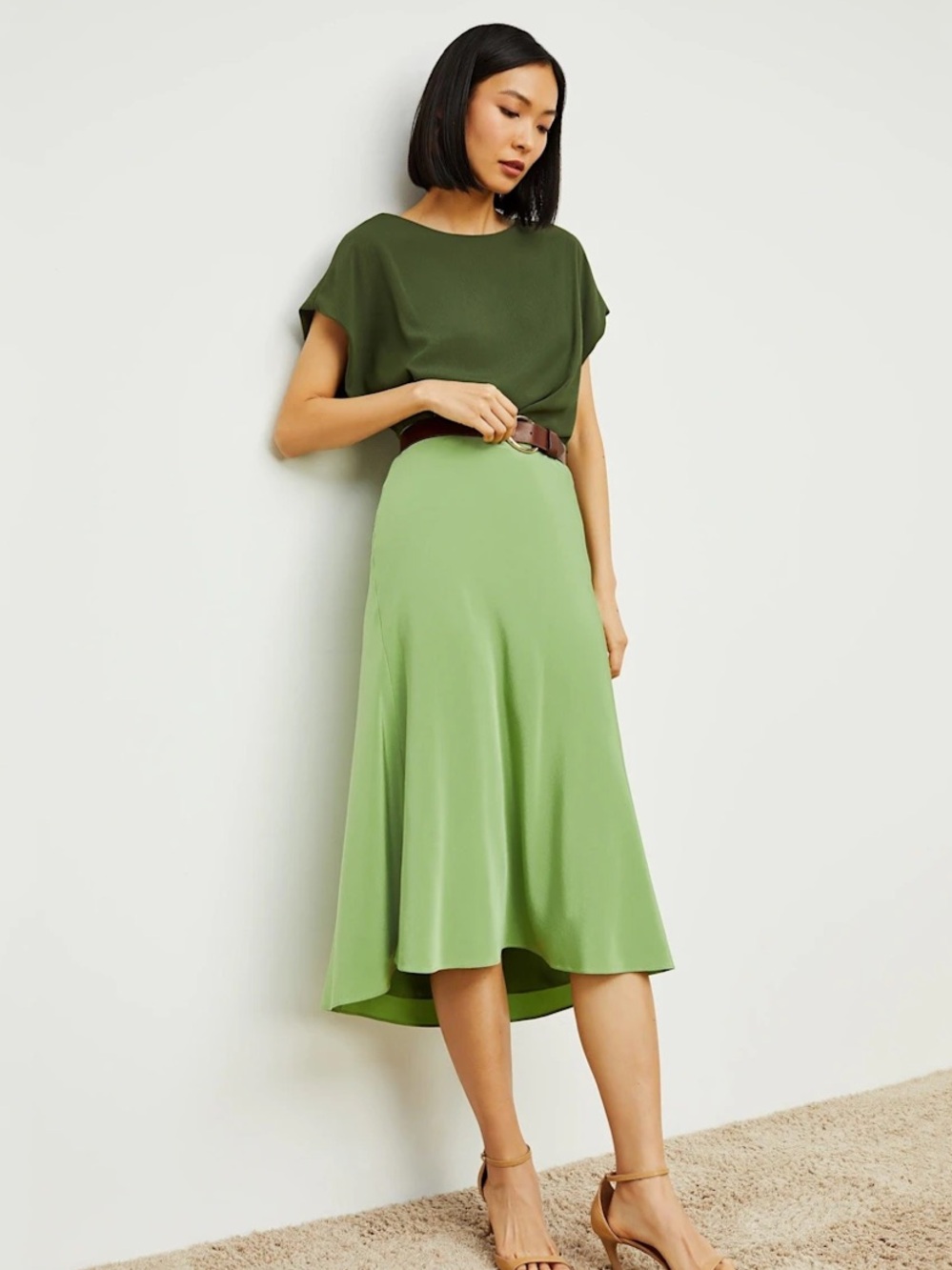 M.M.LaFleur Orchard 1.0 Washable Silk Midi Skirt in Cactus - Size 4